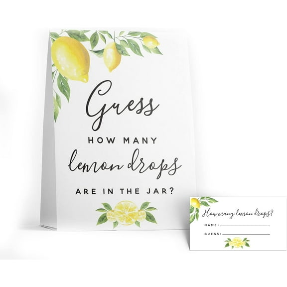 Guess How Many Lemon Drops Game - Perfect for Baby Showers, Weddings, Bridal Showers, Birthdays, and More - Includes 1 Self-Standing Sign and 50 Guessing Cards