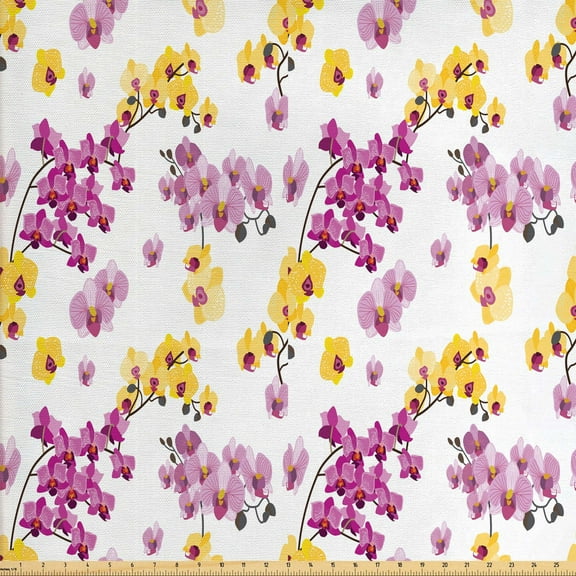 Aloha Fabric by the Yard Upholstery, Hawaiian Purple and Yellow Flourishing Orchid Branches and Buds Floral Motifs Pattern, Decorative Fabric for DIY and Home Accents, 1 Yard, Multicolor by Ambesonne