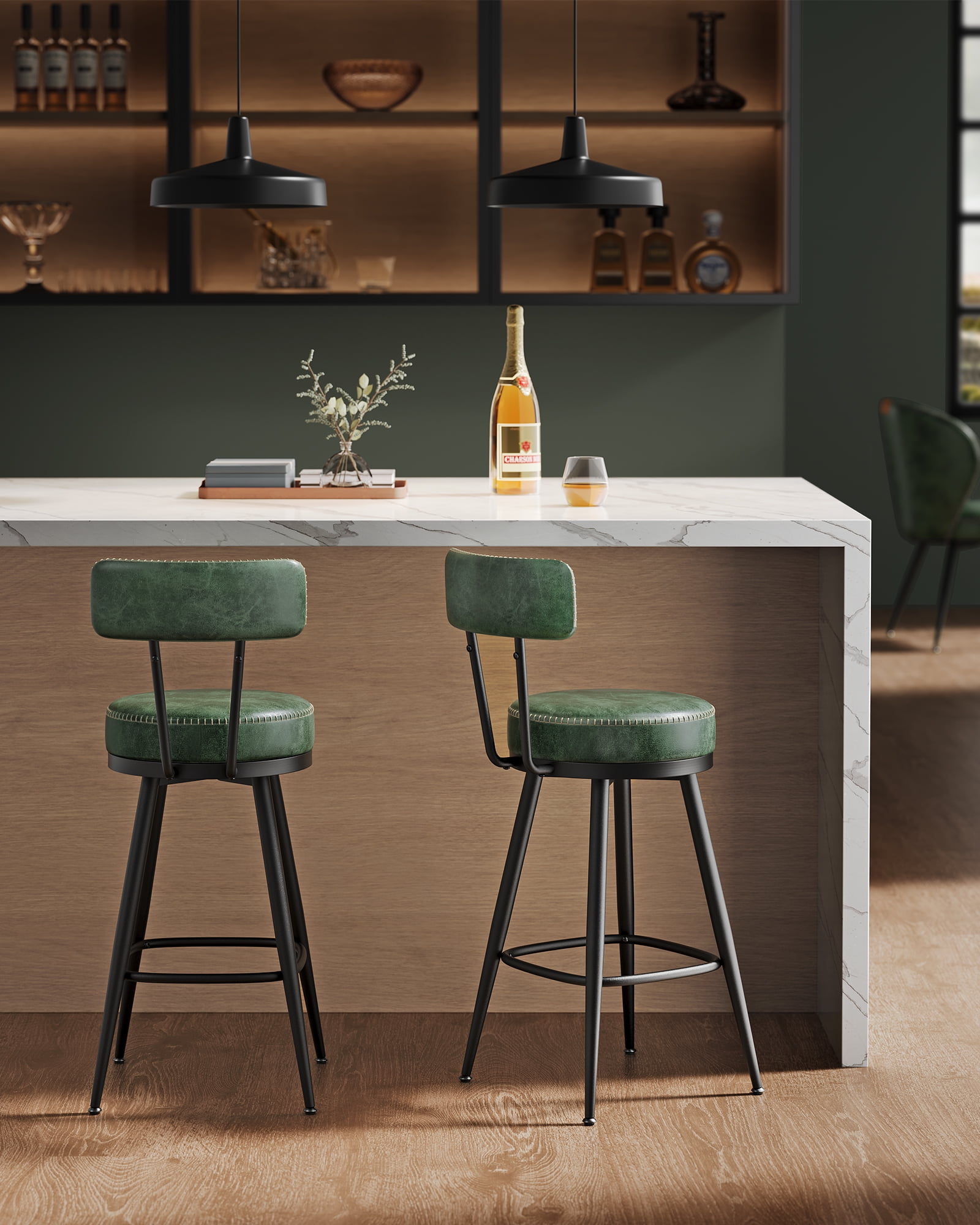 VASAGLE EKHO Collection - Bar Stools Set of 2, Counter Height Swivel Bar Stools with Back, Synthetic Leather with Stitching Forest Green