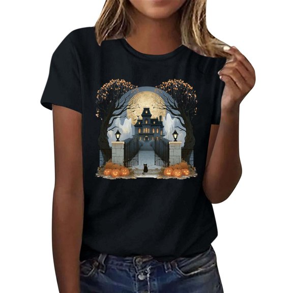Levmjia Womens T Shirt Crew Neck Halloween Print Loose Fit Soft Short Sleeve Casual Pullover Top Daily Commute Home Leisure Breathable Fashion Outfits