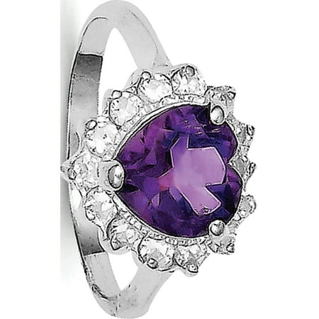 925 Sterling Silver Rhodium-plated Amethyst and CZ Heart Ring | Walmart