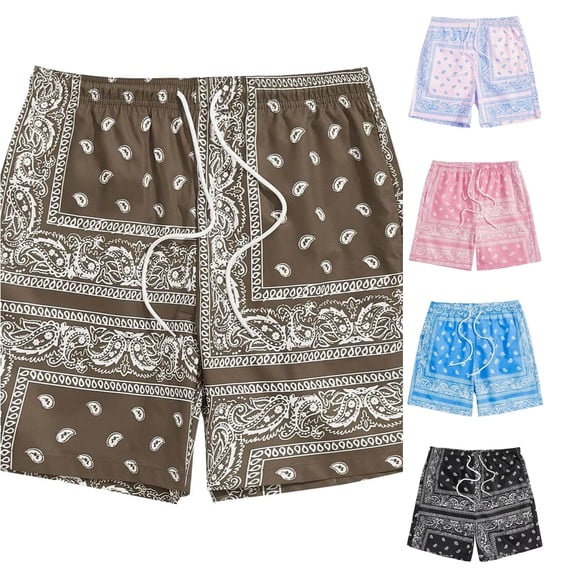 Huowey Men's Swim Trunks Paisley Bandana Print Swim Shorts Quick Dry Floral Print Elastic Drawstring Waist Lightweight Board Shorts For Beach Pool Summer Vacation Dailywear,XL