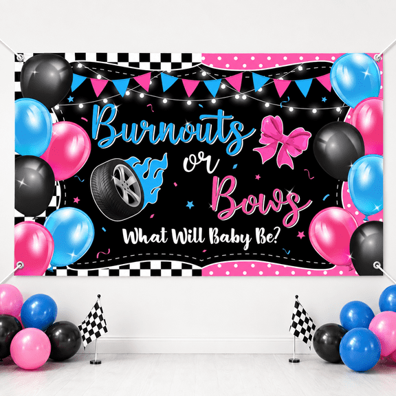 Burnouts or Bows Gender Reveal Backdrop, 71 X 47 Inch| Boy Girl Baby Shower Banner, Blue Pink Checkered Party Decor, Photography Background for Theme Celebrations