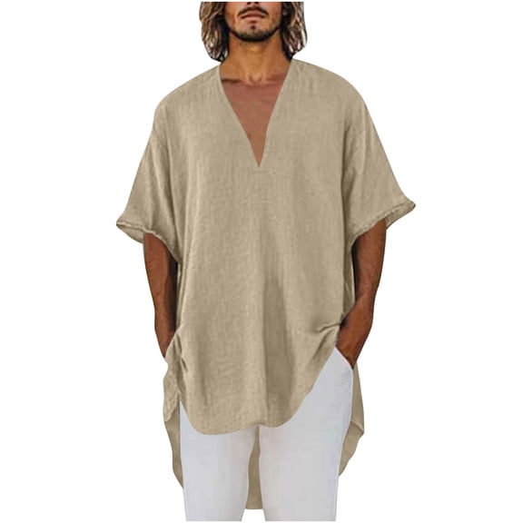 Dagegui Men's V-Neck T Shirts Linen Short Sleeve Summer Tee Casual Loose Fit Pullover Top Solid Color Daily Beach Shirt Tops Khaki S