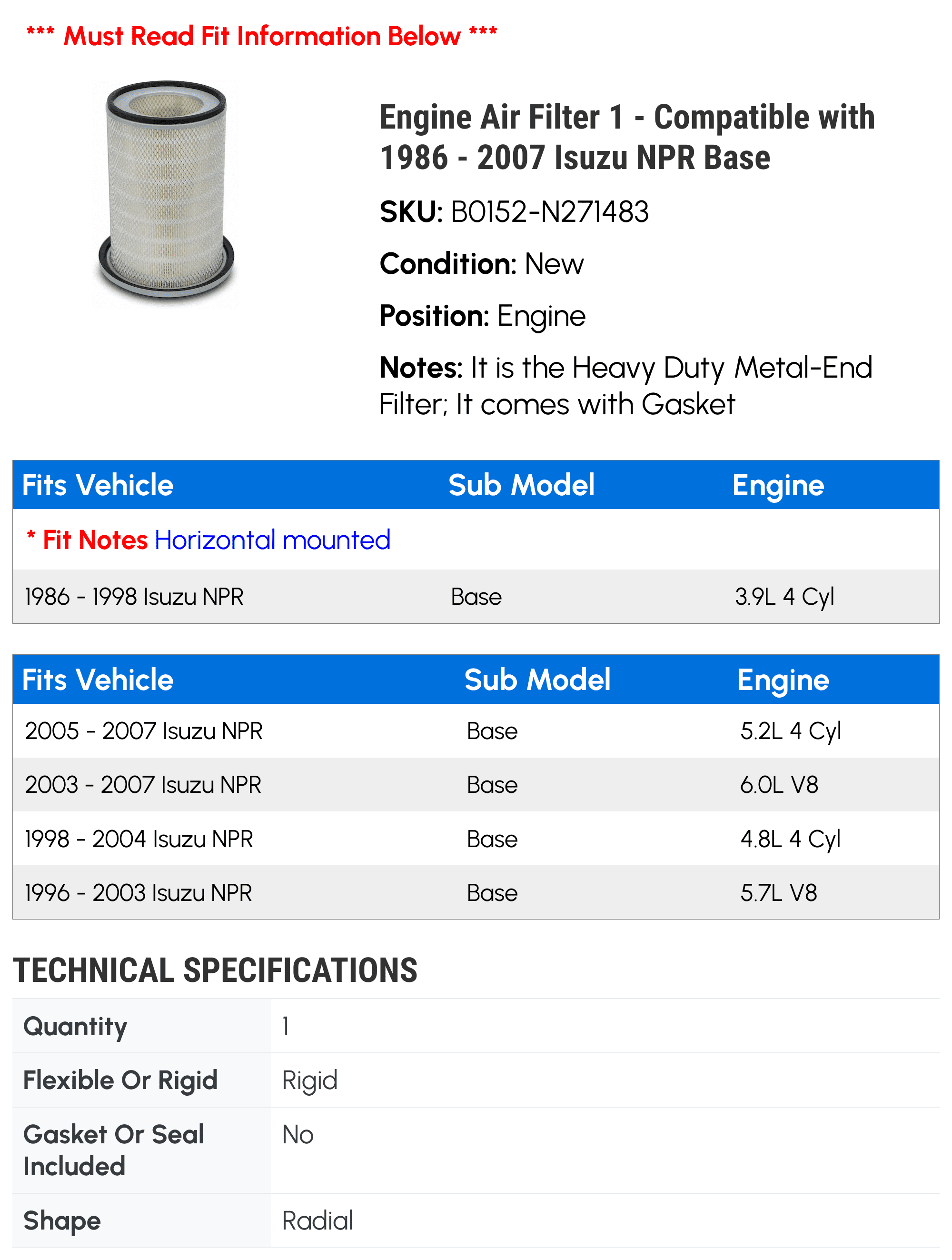 Engine Air Filter 1 - Compatible with 1986 - 2007 Isuzu NPR Base - Autopart Premium