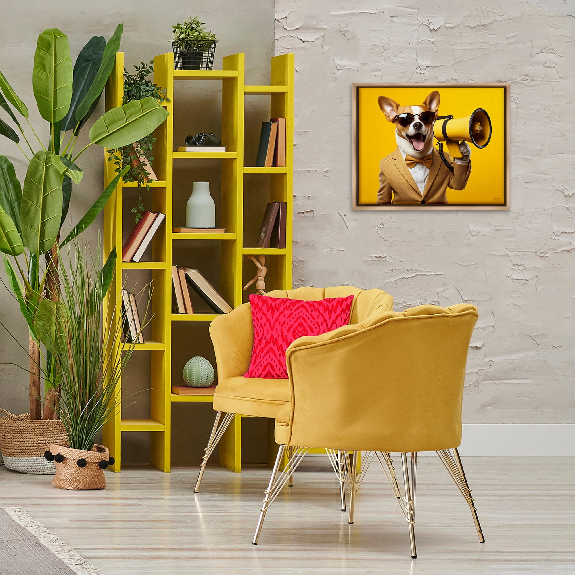 Stupell Industries Dog with Yellow Megaphone Animals & Insects Painting Brown Floater Framed Canvas Art Print Wall Art, 21 x 17