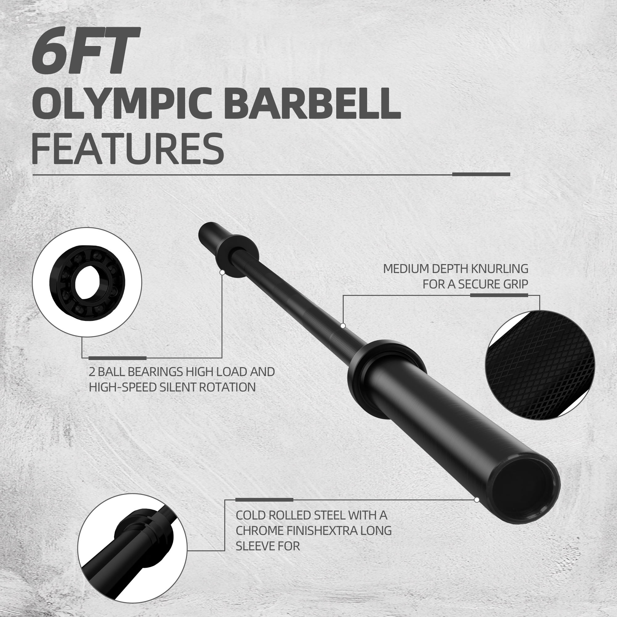FlexWave Olympic Barbell，6FT, 2-Inch Diameter, 700LB Capacity, Black, for Powerlifting & Weightlifting