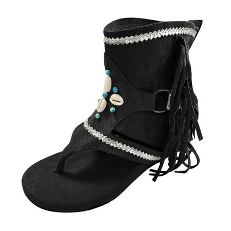

PMUYBHF Sandals for Women Dressy Summer Wedge Heel Wide Women Sandals Ladies Ethnic Retro Bohemian Tassel Outdoor Flip Flops Sandals for Women Shoes