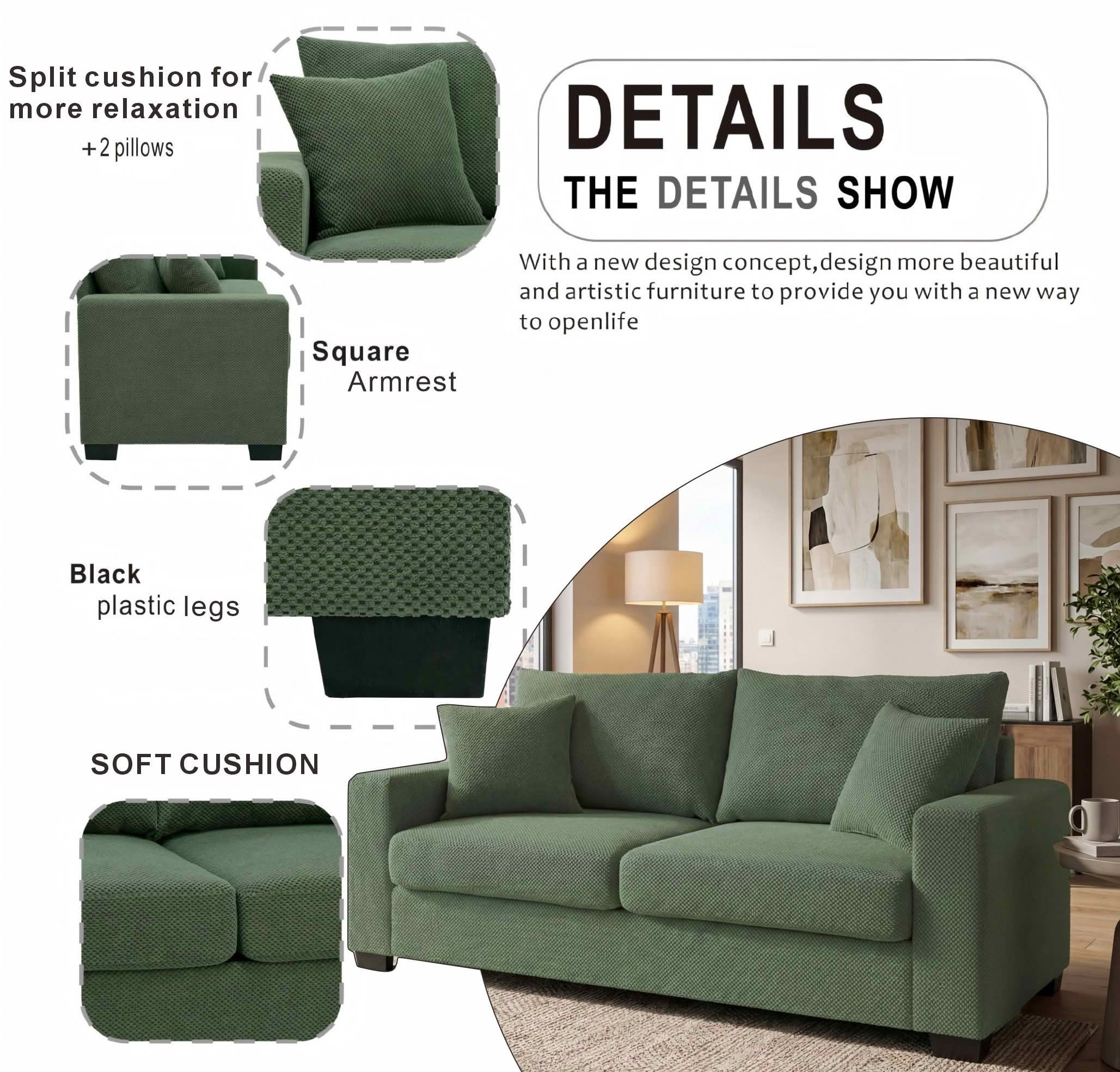 MAYEERTY 69 Inch 2‑Seater Upholstered Sofa, Textured Fabric Couch with 2 Throw Pillows and Plastic Legs for Apartment, Living Room, Home Office