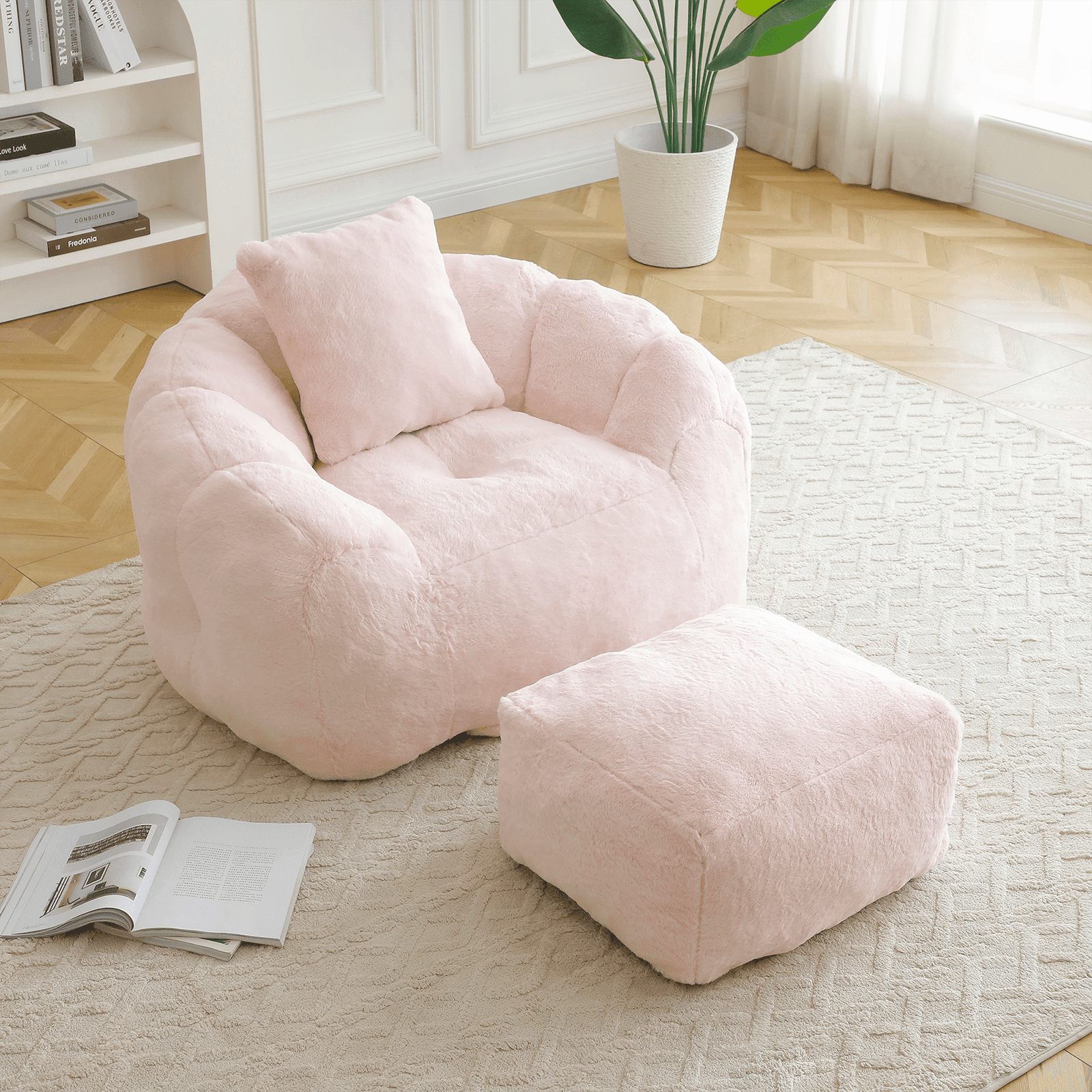 Lovableguy Oversized Bean Bag Chair for Adults and Kids,Shell-Shaped Fluffy Faux Fur Lazy Floor Sofa with Foot Stool for Living Room,Dorm,Pink