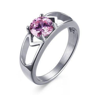 Bague de Fiançailles Solitaire en Acier Inoxydable Rose CZ pour Femmes