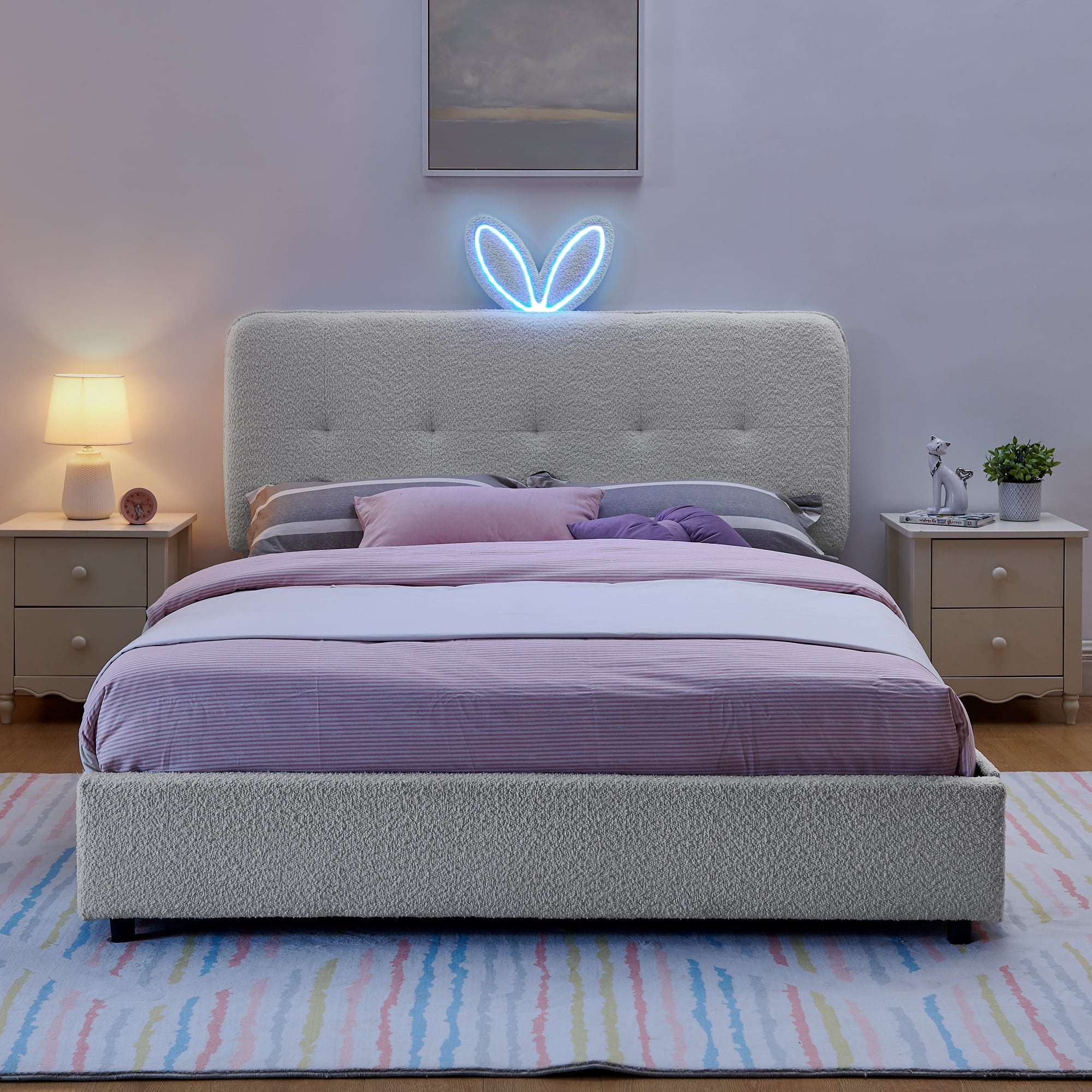 Mintazer Queen Upholstered Kids Bed with Oversized Rabbit Ear Headboard, Boucle Fabric Platform Bed with LED Headboard & 4 Storage Drawers, Beige