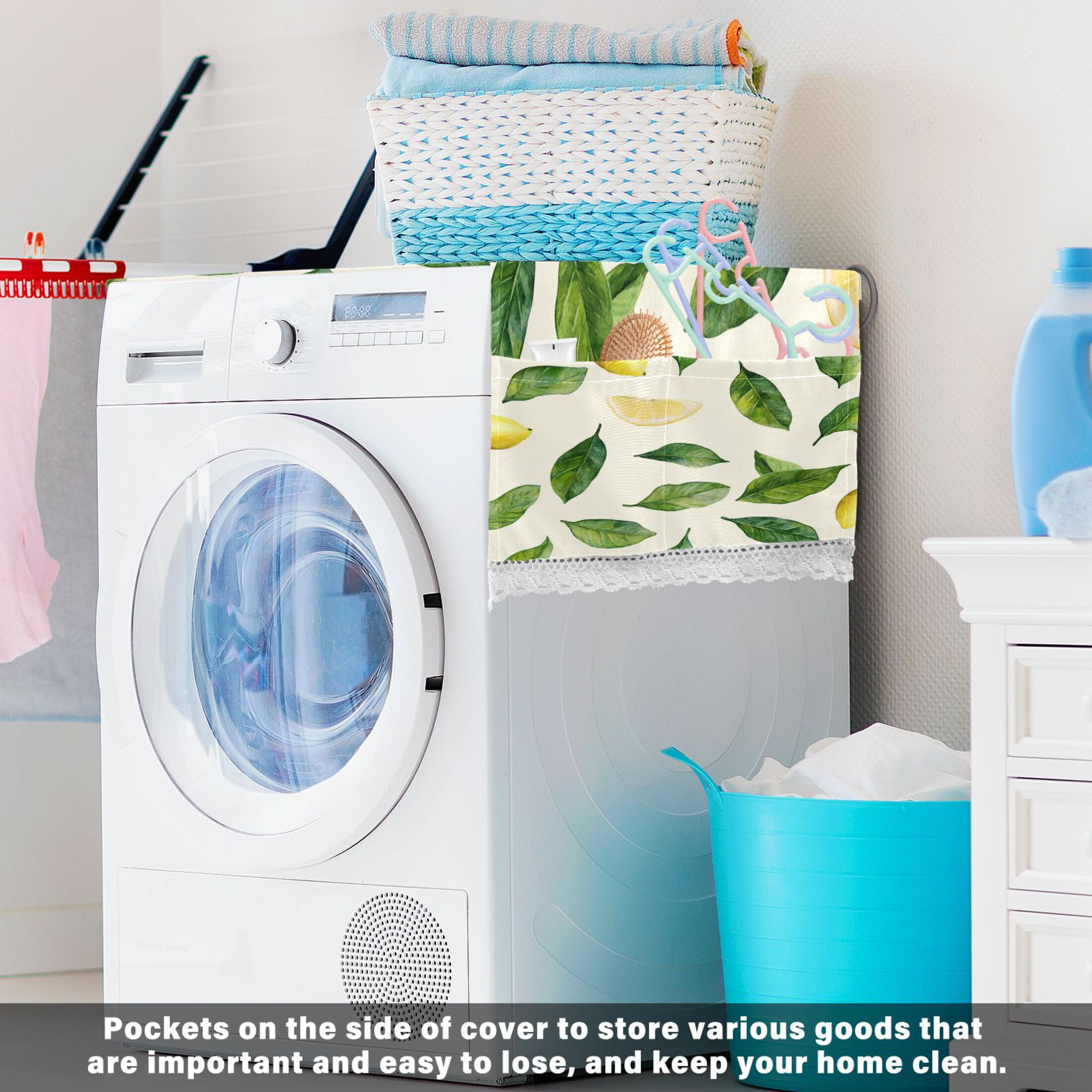 Lemon LeafWasher and Dryer Covers Dust-Proof and Oil Resistant Fridge Cover with 4 Storage Pockets Washing Machine Top Cover for Laundry Kitchen Home 51.2 x 22 In