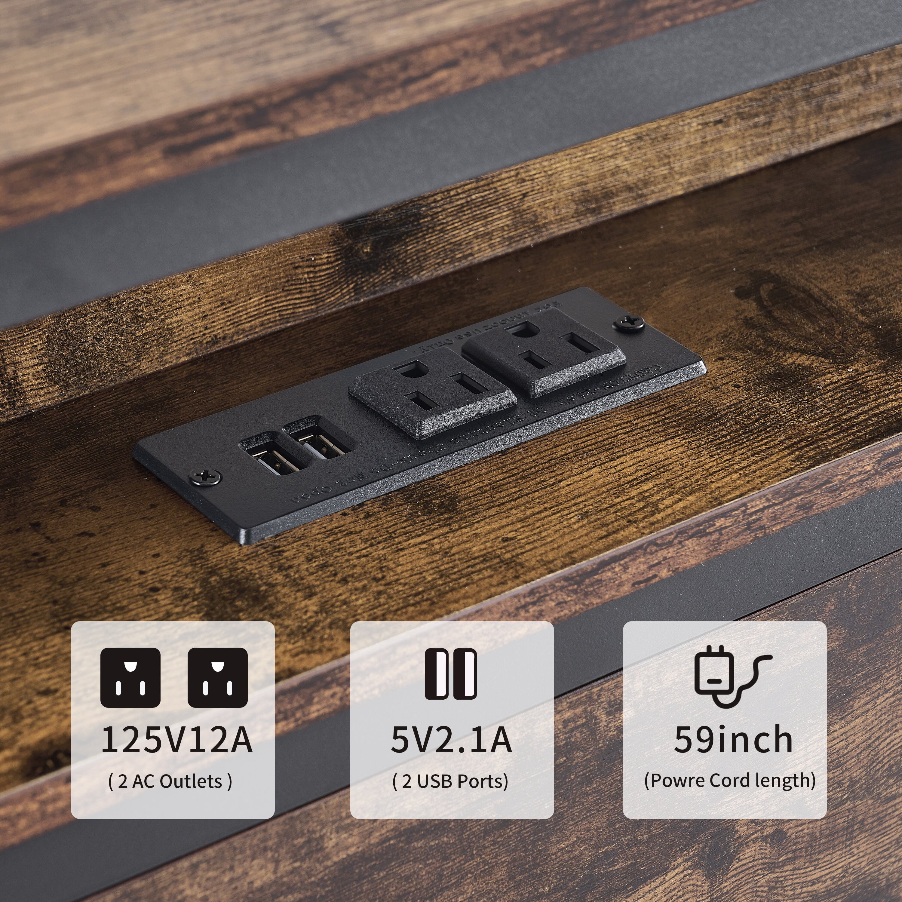 Yoneston Queen Size Bed Frame with 2-Tier LED Storage Headboard and USB Charging, Solid Wood Heavy Duty Kids Bed Noise Free - Rustic Brown