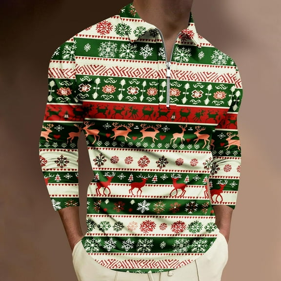 Aimik Hanes Mens Ugly Christmas Shirt Quarter Zip Up Polo Shirts Turtleneck Long Sleeve Slim Fit Polo Pullover