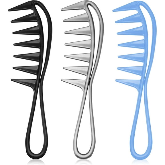 3 Pieces Wide Tooth Combs with Handle Black Grey Curl Comb Hairstyle Comb Wide Tooth Comb Anti-static Curly Hair Salon Barber Comb (Black Grey Blue)
