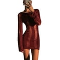 thumbnail image 1 of Robe Mini Ajourée pour Femmes Manches Longues Col Rond Moulante en Maille Robe Courte Dos Nu Clubwear, 1 of 6