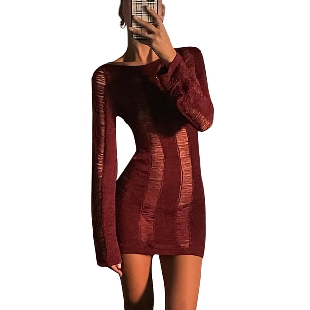 Robe Mini Ajourée pour Femmes Manches Longues Col Rond Moulante en Maille Robe Courte Dos Nu Clubwear