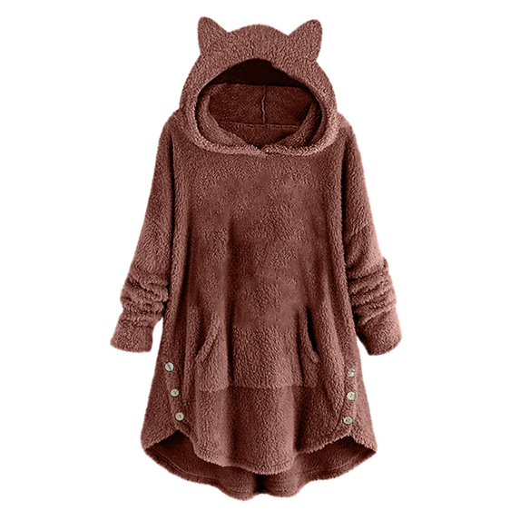 gakvbuo Fleece Jacket For Women Cat Hoodie With Ears&Button Down Pullover Hoodie Fleece Hooded Sweatshirt Cat Ear Irregular Plush Solid Long Sleeve Warm Winter Oversized Outwear With Pocket