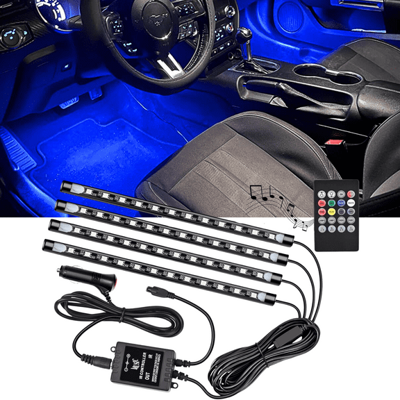 Car LED Strip Light,4Pcs 48 LED DC 12V Multicolor Music Car Interior Lights LED Under Dash Lighting Atmosphere Neon Lights Kit with Sound Active Function and Wireless Remote Control