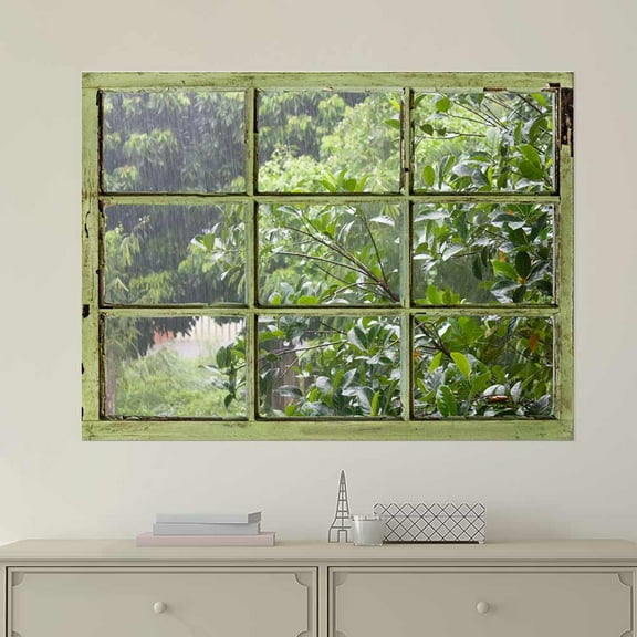 Window View Wall Mural - It's Raining Outside - Vintage Style Wall Decor - Peel and Stick Adhesive Vinyl Material - 24x32 inches
