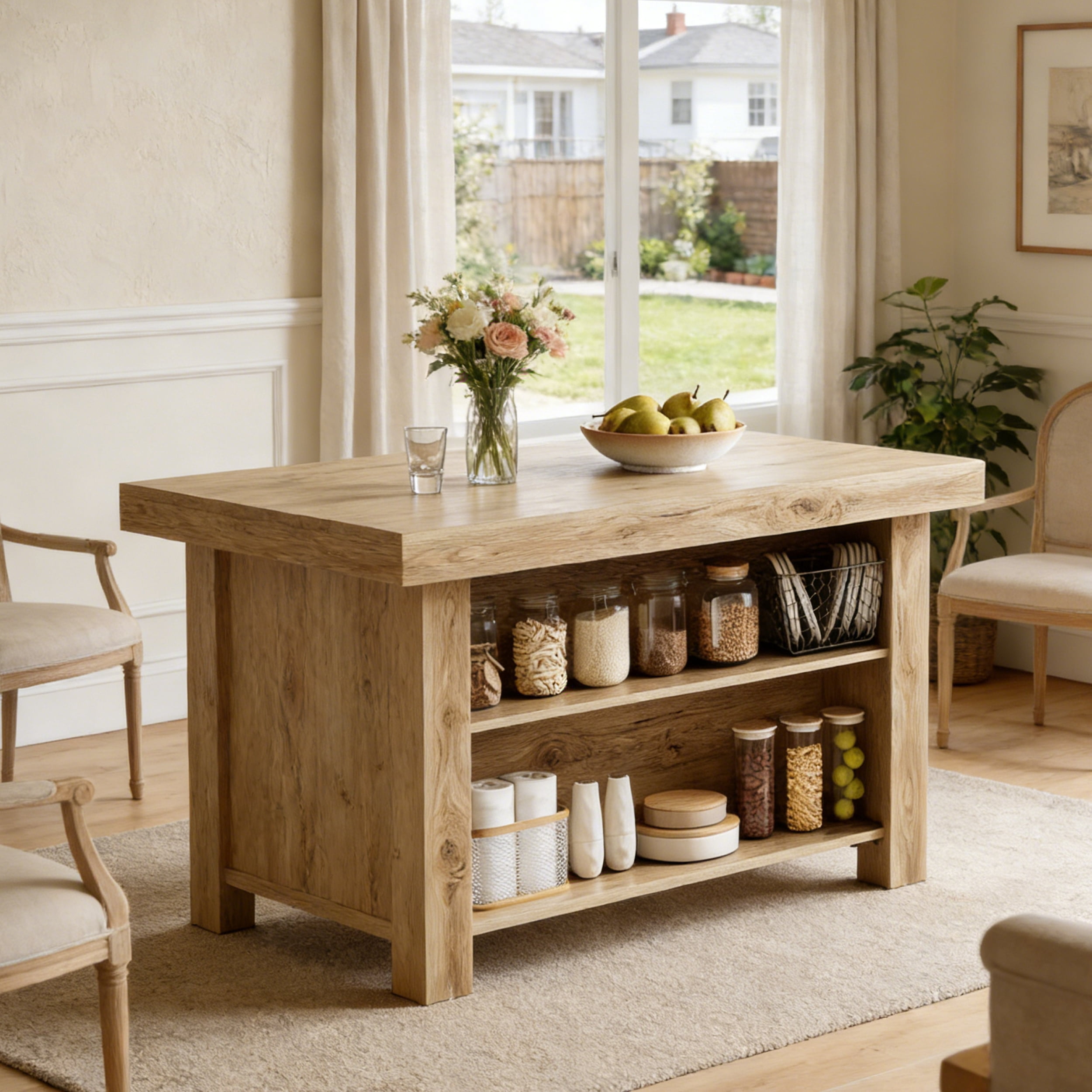 Fnova 55" Farmhouse Kitchen Island with Storage, Wooden Kitchen Table with 2-Tier Storage Shelves & Large Worktop, Modern Large Counter Height Table for Kitchen Prep & Dining