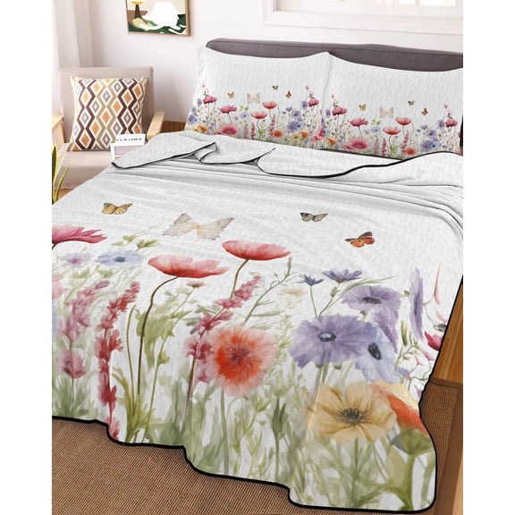 Spring Floral King Size Down Alternative Comforter,Lightweight Comforter Quilt Bedding Set with Pillow Shams Coloful Summer Botanical Flowers Butterfly All Seasons Bed Comforter Duvet Insert 96"x106"