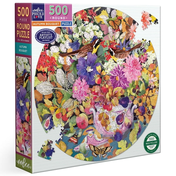 eeBoo Piece & Love: Autumn Bouquet - 500 Piece Puzzle - Adult Round Jigsaw 23"x 23" Includes Image Reference Insert Glossy Pieces