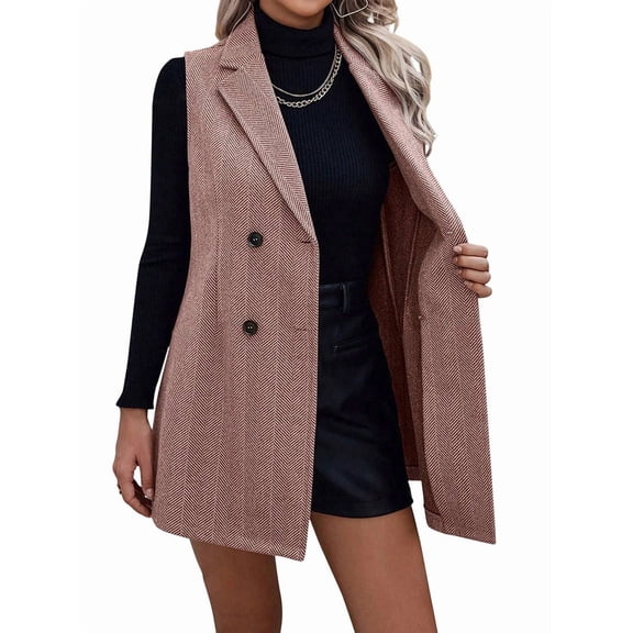 Womens Long Vest Sleeveless Lapel Double Breasted Fall Winter Coats Jackets Dark Red S