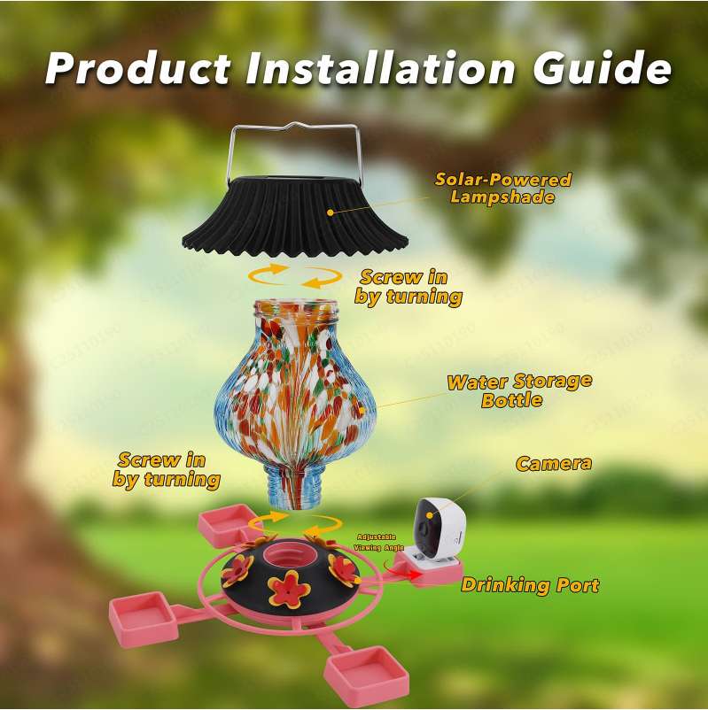 Hummingbird Feeder with Camera Solar Powered 1080P-, Automatically Identifies Species of Bird, Auto Recording, Leak-Proof Ant & Bee Proof Outdoor Hanging Feeder, for Bird Lovers