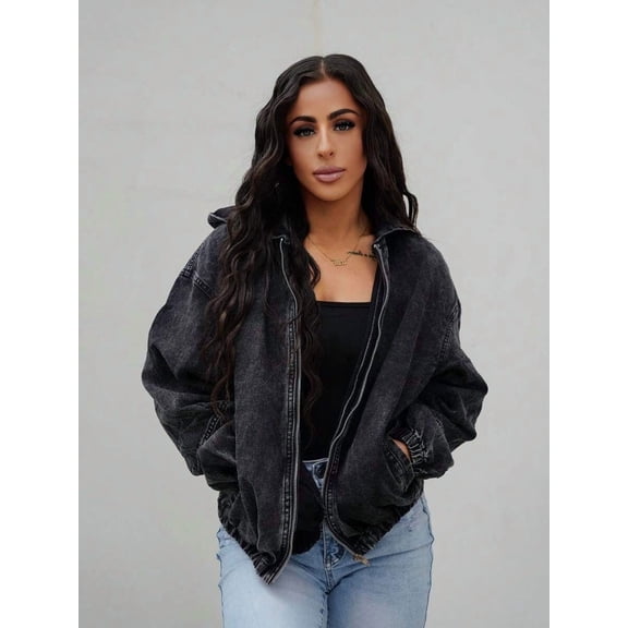 Women's Oversized Zip Up Hooded Jacket, Elastic Cuff Hem Casual Streetwear Outerwear