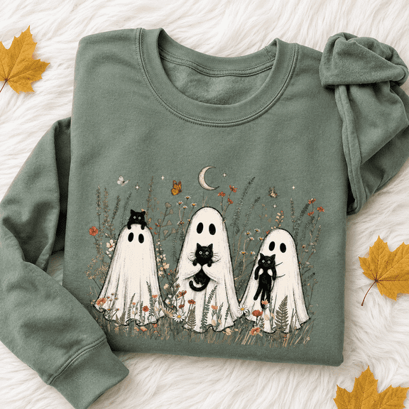 Ghosts and Black Cats Floral Halloween Graphic Crewneck Sweatshirt, Unisex Fit