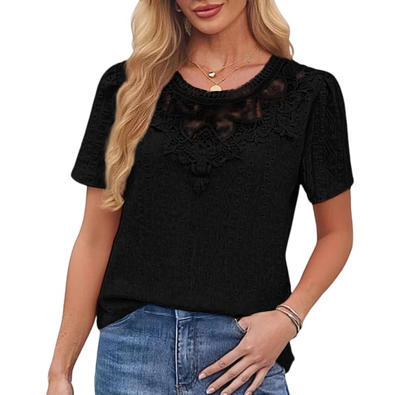 LWavelet Womens Plus Size Short Sleeve Top Lace Detail Summer Trendy Daily Casual Comfortable Versatile Blouse Black S