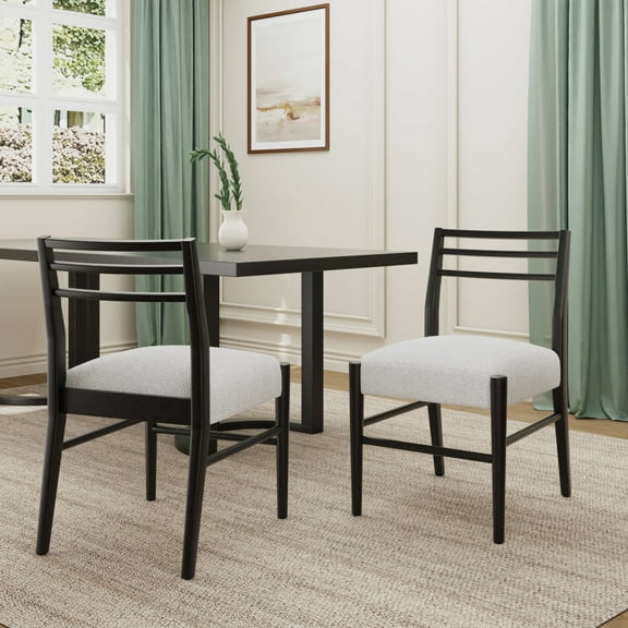 Farmhouse Upholstered Dining Chairs with Rubberwood Frame, Beige and Black - Set of 2