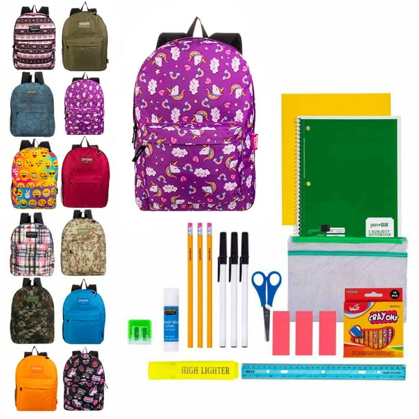 Moda West 17" Backpacks Bulk with 27 Piece School Supply Kits Case