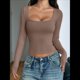 thumbnail image 4 of Camisas de Larga para Mujer, Tops Cortos, Cuello Cuadrado, Camisetas Básicas para Salir, Ropa de Invierno Y2K 2025 Color Café L, 4 of 7