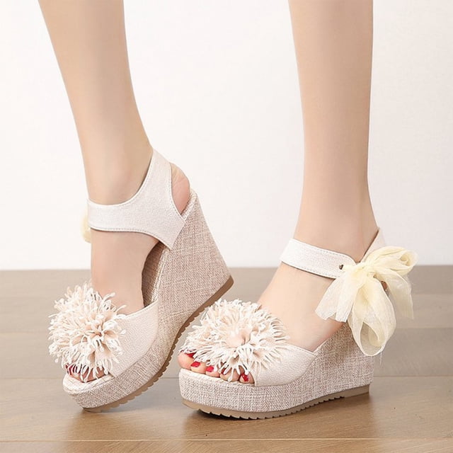 Teissuly New Summer Thick-soled Sandals For Women Bohemian Wedge Heels Lace Fish Mouth Bow Sandals For Women Teissuly WER202312140143