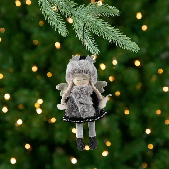 Northlight Plush Winter Angel Girl Hanging Christmas Ornament - 8.5" - Gray and Black