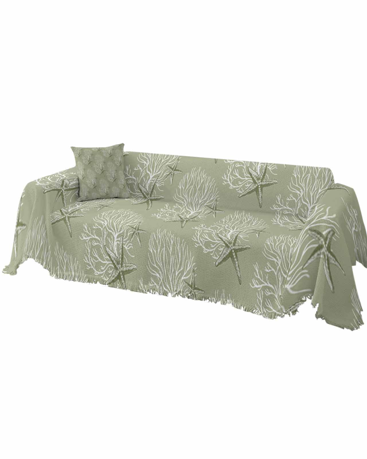 Sage Green Starfish Sofa Covers for 3 Cushion Couch,Washable Sectional & L Shape Couch Covers for Dog/Cat/Kid,Coastal Coral Nautical Summer Sea Non Slip Sofa Slipcover Tassel Futon Cover 71x150