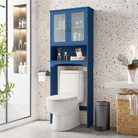 Yaheetech Modern Free-Standing Toilet Storage Cabinet with 2 Door Tempered Glass Cabinet, Navy Blue