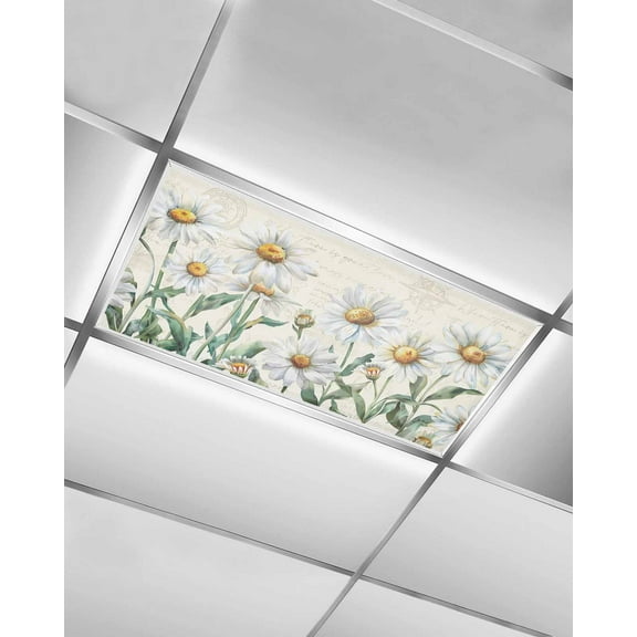 Fluorescent Light Covers for Ceiling Lights 1 Pack, Spring Floral Magnetic Ceiling Light Covers 2x4ft for Classroom Office School, Vintage Summer Botanical White Daisy Drop Ceiling Light Shade