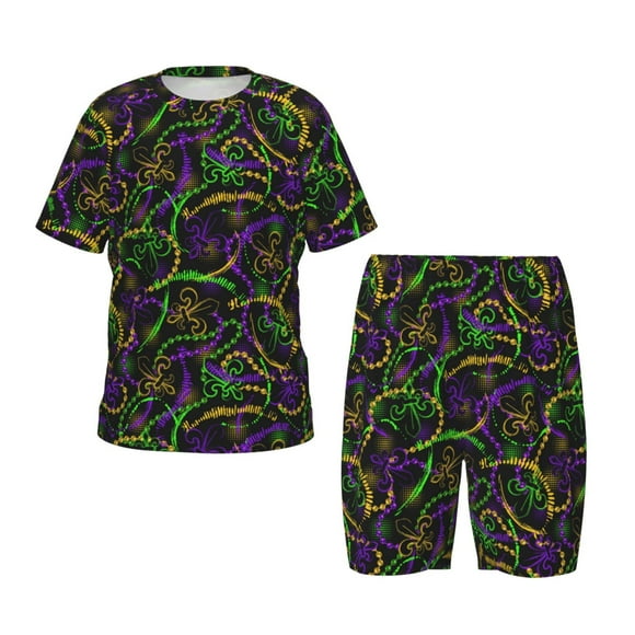 Balery Neon Mardi Gras Conjunto de Pijama Infantil de Manga Corta con Estampado – Ropa de Dormir de Algodón Suave-X-Large