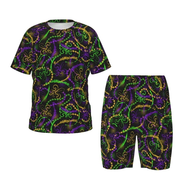 Balery Neon Mardi Gras Conjunto de Pijama Infantil de Manga Corta con Estampado – Ropa de Dormir de Algodón Suave-Small