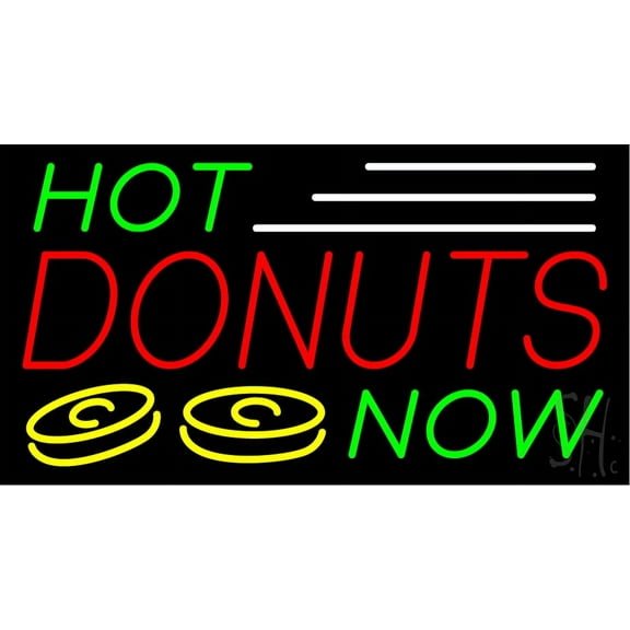 Hot Donuts Now LED Neon Sign 13 x 24 - inches, Clear Edge Cut Acrylic Backing, with Dimmer - Bright and Premium built indoor LED Neon Sign for restaurant window and interior decor.