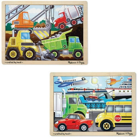 Melissa & Doug Wooden Jigsaw Puzzles Set, Vehicles and Construction, 24pc each