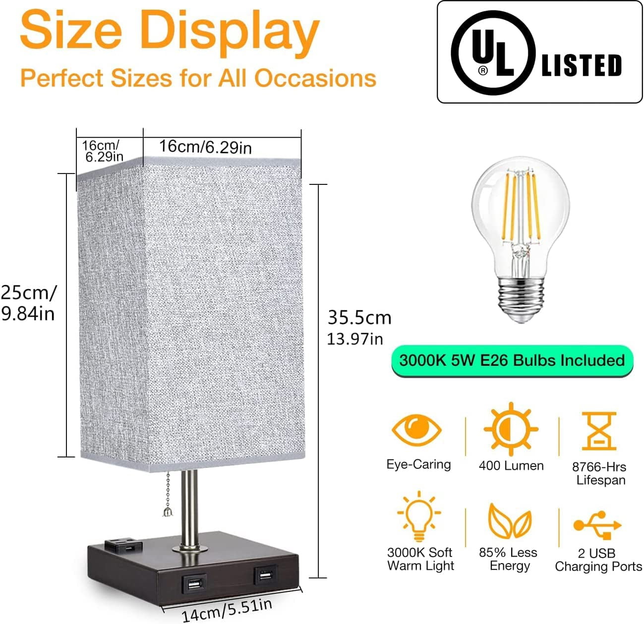 DingLiLighting Traditional Table Lamps Set of 2 Beige Linen Drum Shade Minimalist Nightstand Table Lamp for Living Room Family Bedroom Bedside, 2 USB Charging Ports 1 AC Outlets