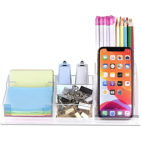 ONAVIA Desk Organizer Sets with Adjustable Pen Holder, Phone Stand, Sticky Note Tray, Thumbtack, Business Card Holder, Desk Accessories Decor, Cubicle Desktop Organization for Home Office, Clear