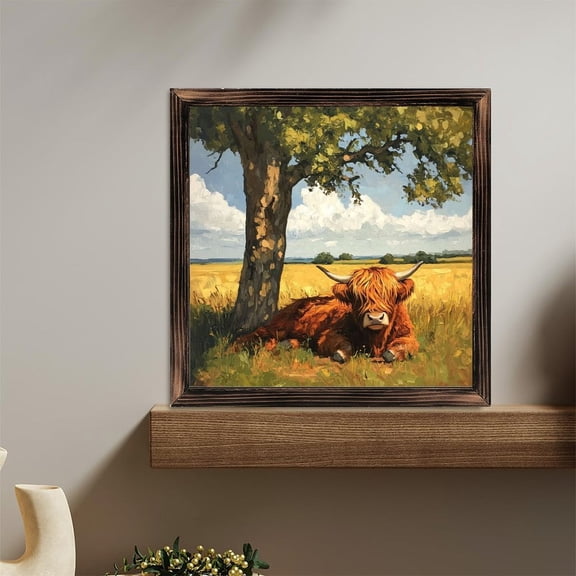 Highland Cow Tree Field Cloudy Sky Wooden Sign Wall Plaque - Vintage Art Decoration, Wall Decoration - Ideal Gift For Home Decoration, Living Room, Bathroom, Bedroom, Garden, Dining, Bar, Cafe, Fes