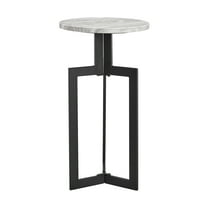 Black Metal Sculptural Pedestal & Faux Stone Tabletop Accent End Table
