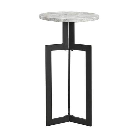 Black Metal Sculptural Pedestal & Faux Stone Tabletop Accent End Table